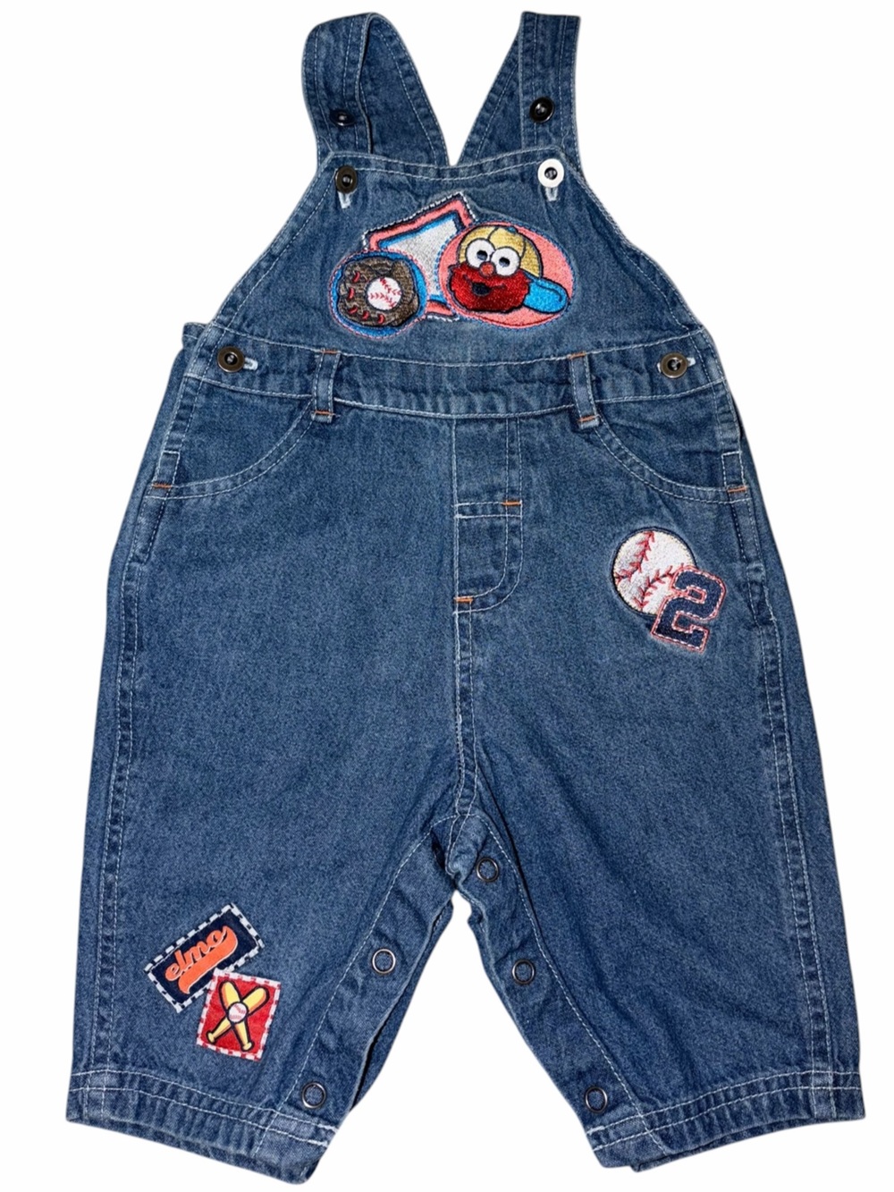 Vintage Y2K Sesame Street Embroidered Elmo Baseball Denim Overalls 3-6m Cotton